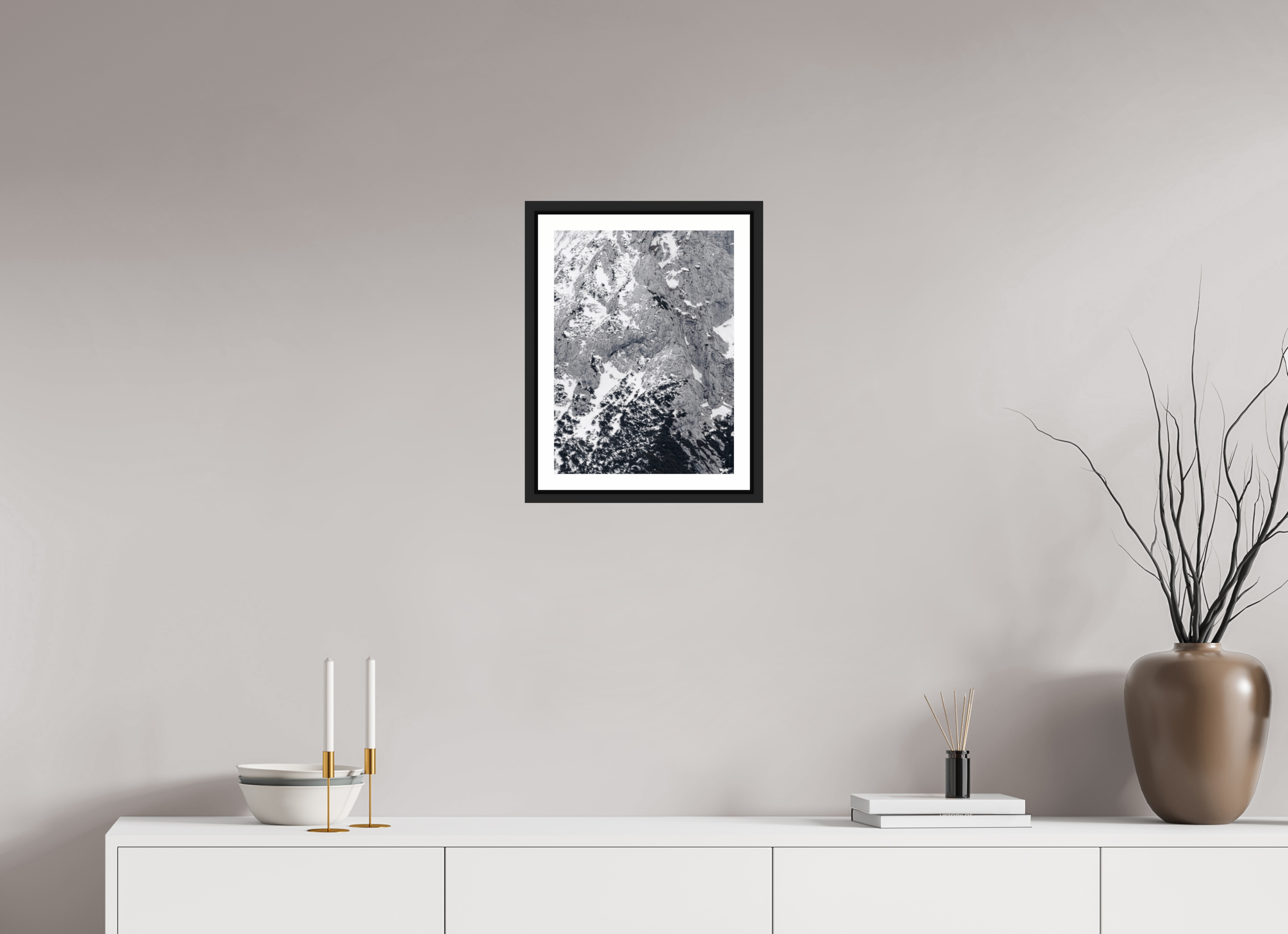 30 x 40,8 cm, Framed black matte with border Into the mountain