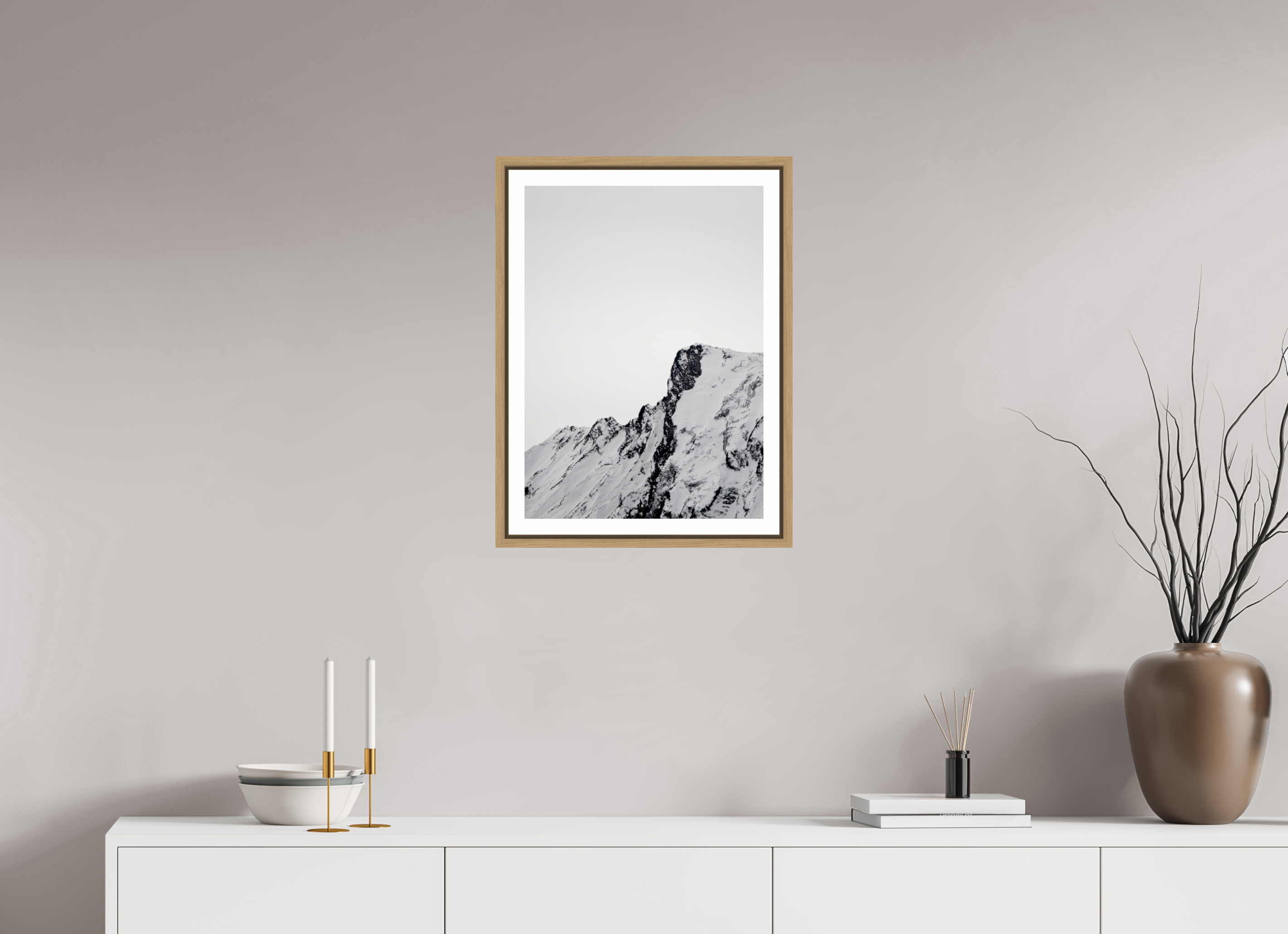 40 x 56 cm, Framed natural oak with border The snowy alps