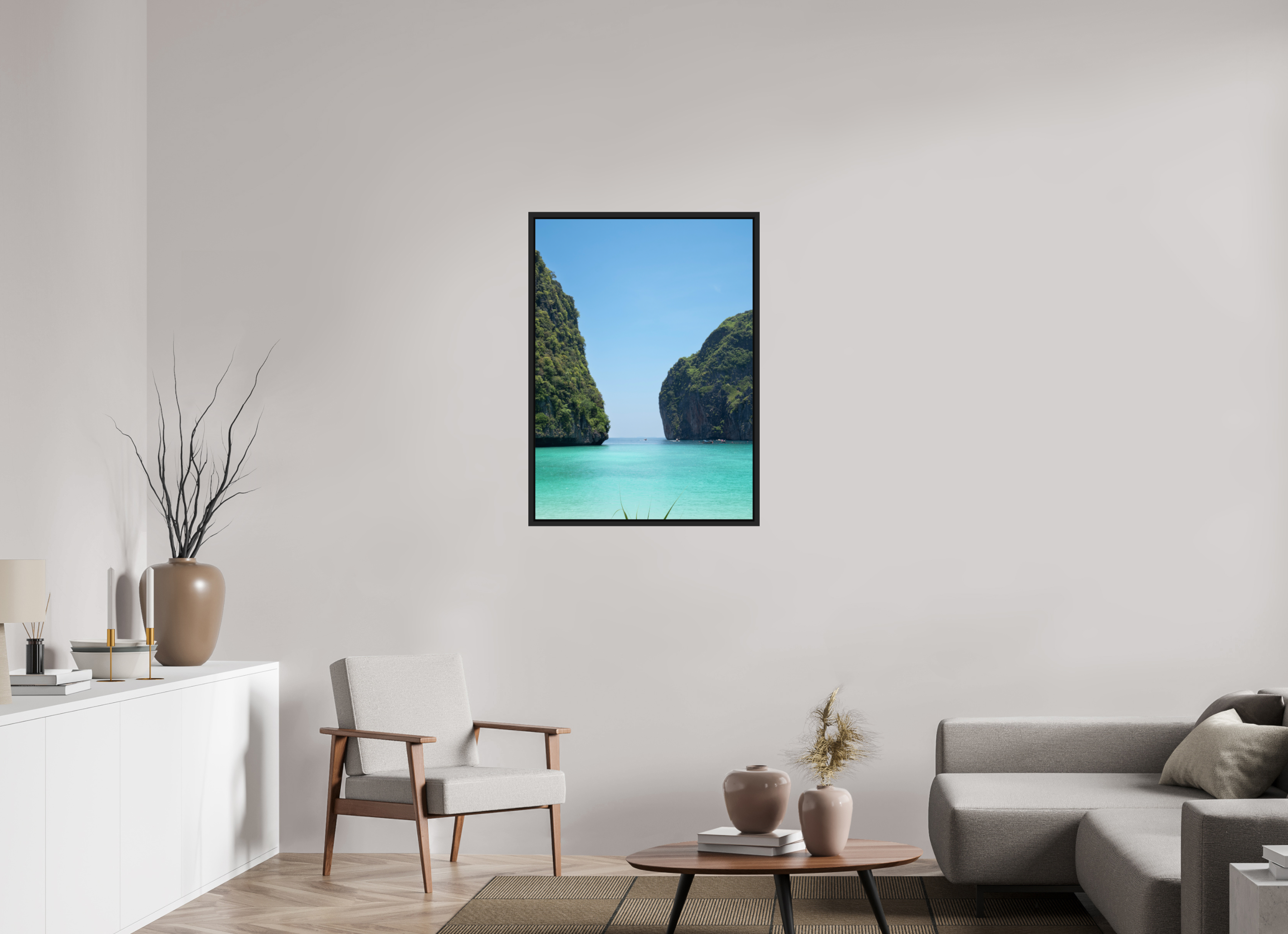 70 x 96,7 cm, Framed black matte fullbleed Maya Bay