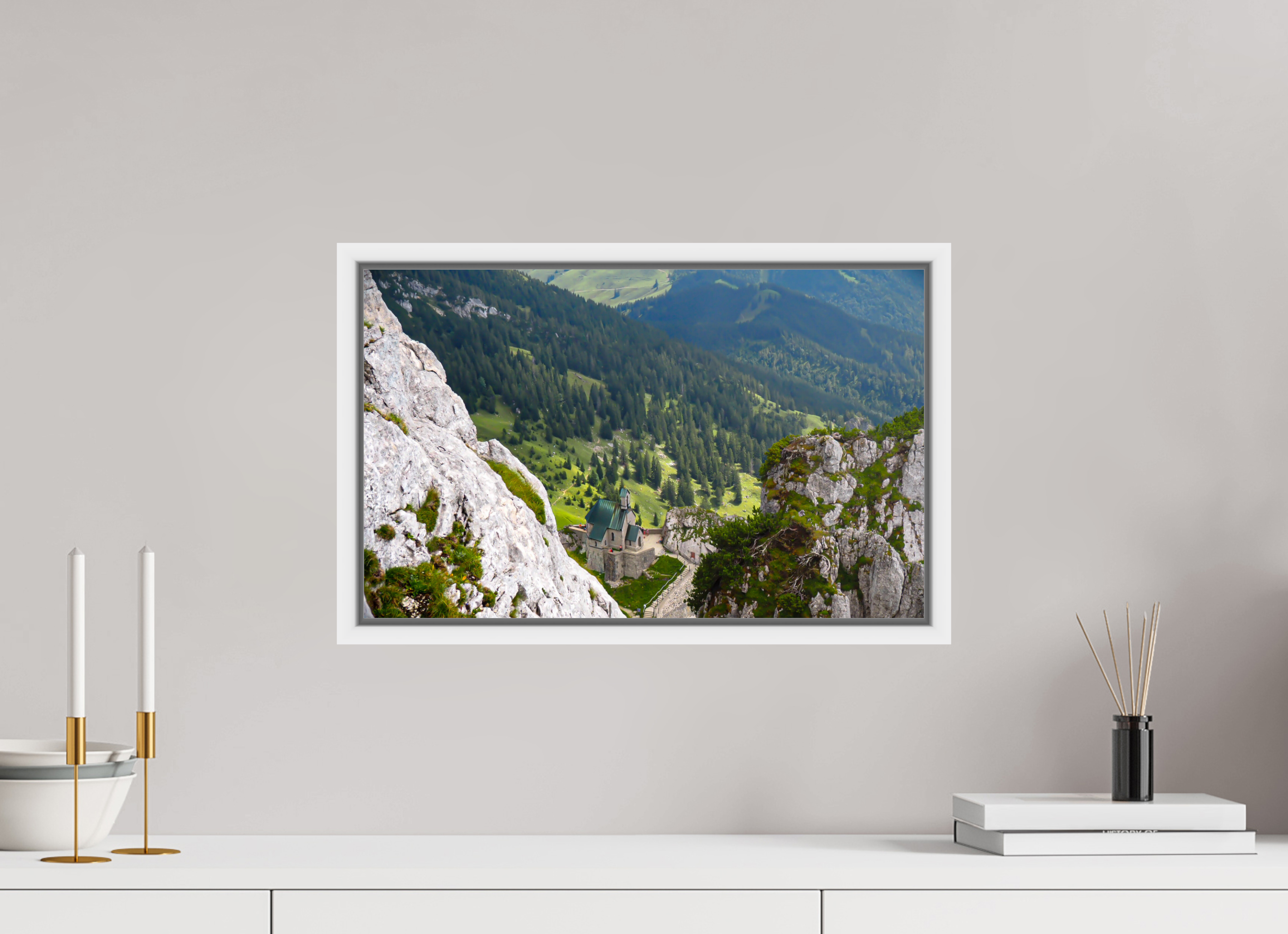 48,2 x 30 cm, Framed white fullbleed A church at the Bavarian Alps