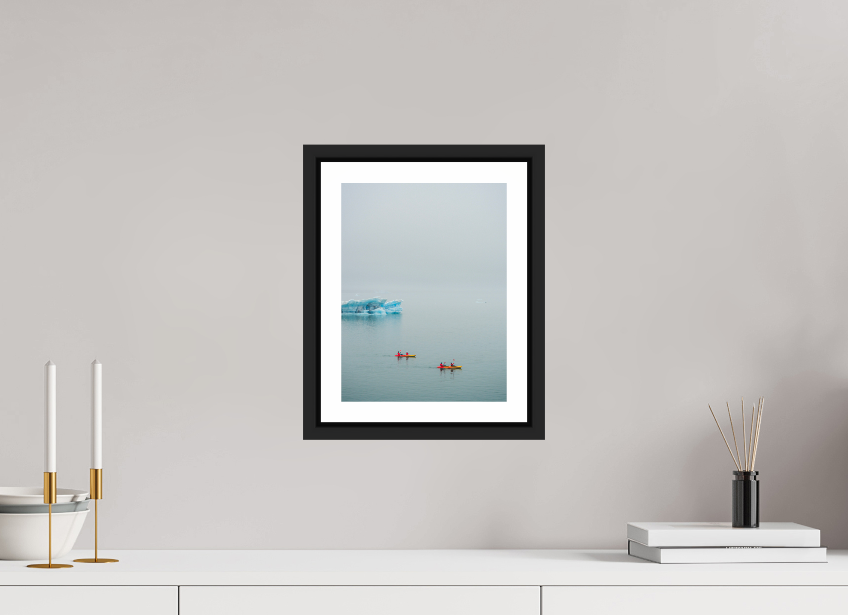 21 x 28 cm, Framed black matte with border Two canoes