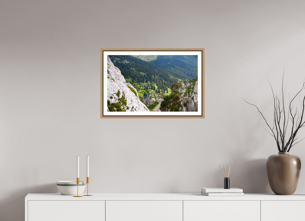 64,3 x 40 cm, Framed natural oak with border A church at the Bavarian Alps