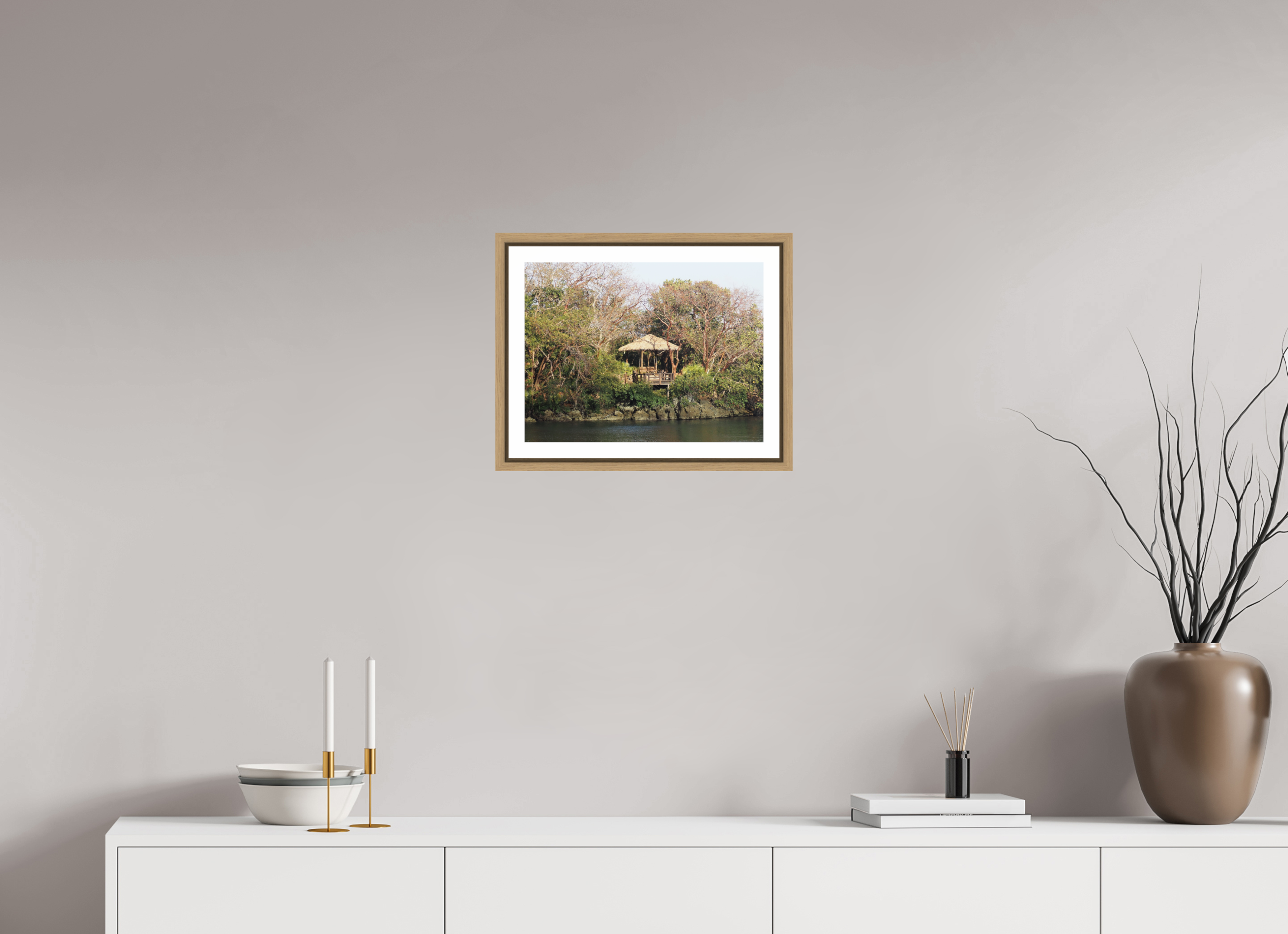 40 x 30 cm, Framed natural oak with border A hut at Honduras Bay