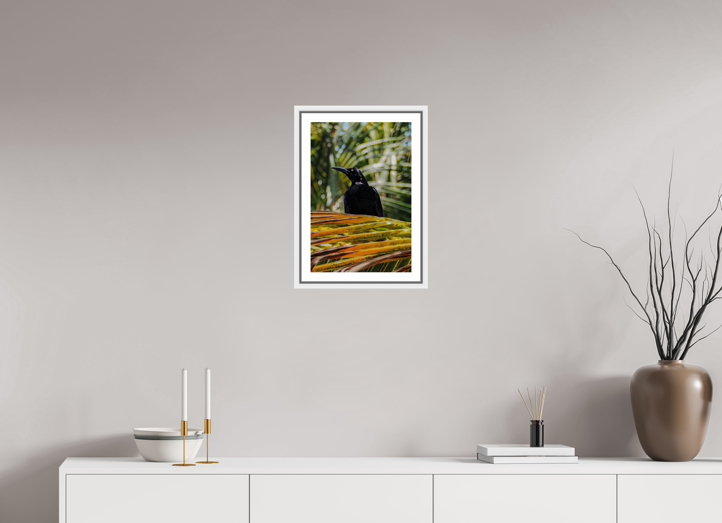 30 x 45 cm, Framed white with border A bird among the trees