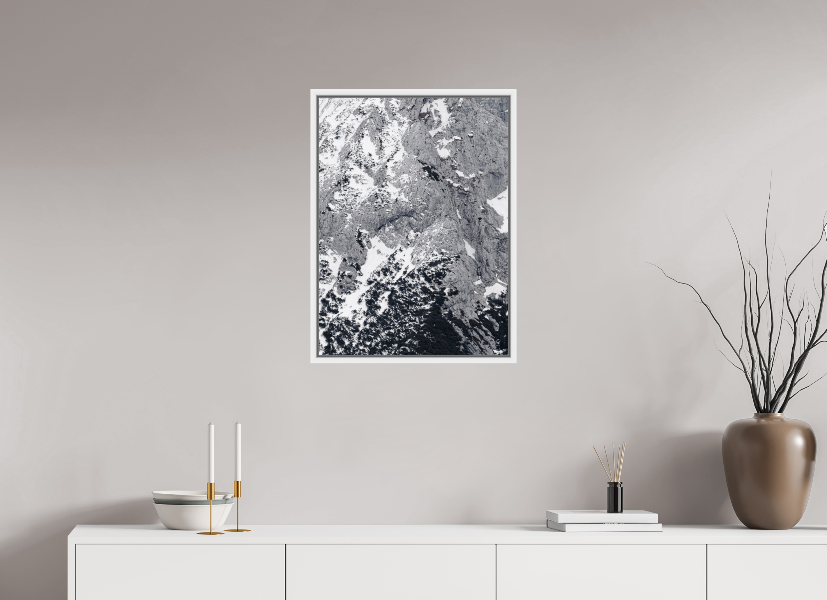 50 x 68 cm, Framed white fullbleed Into the mountain