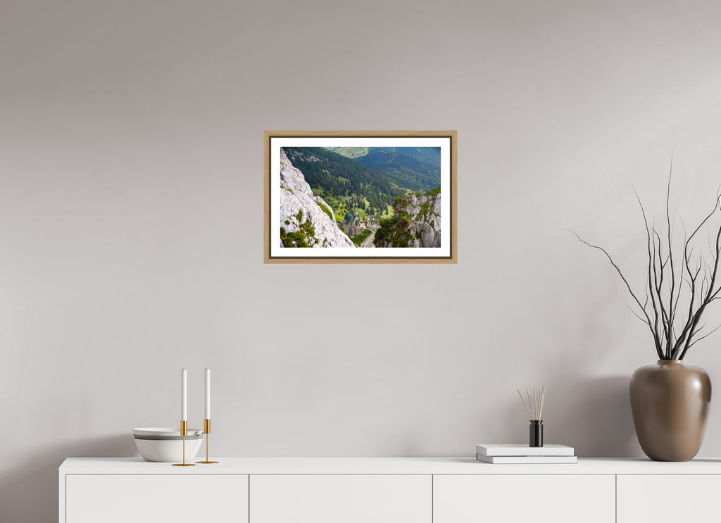 48,2 x 30 cm, Framed natural oak with border A church at the Bavarian Alps