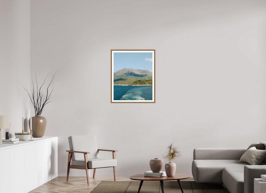 60 x 73,9 cm, Framed natural oak with border Sakurajima Island from a ferry