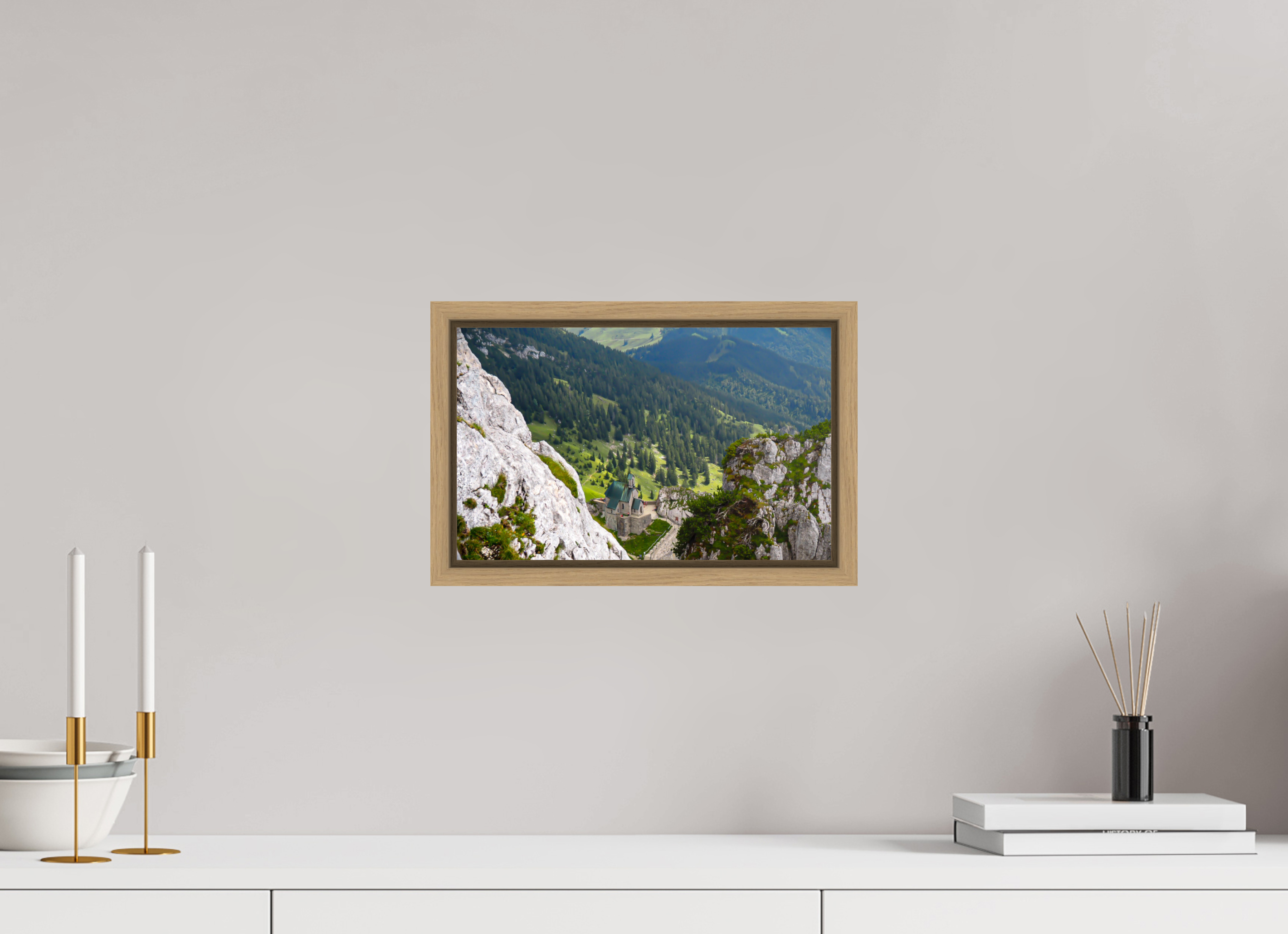 32,2 x 20 cm, Framed natural oak fullbleed A church at the Bavarian Alps