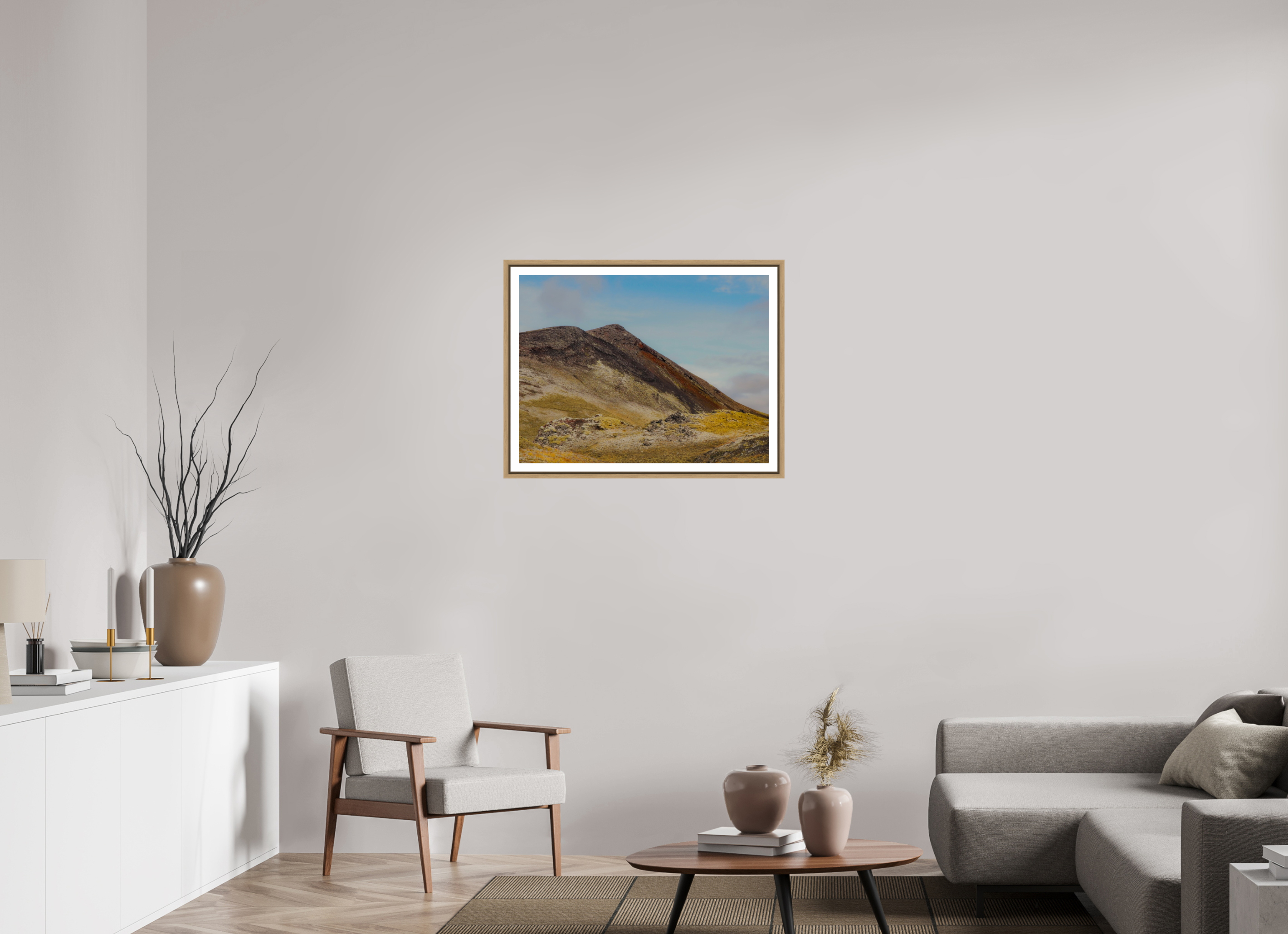 80 x 60 cm, Framed natural oak with border Mountainous Iceland