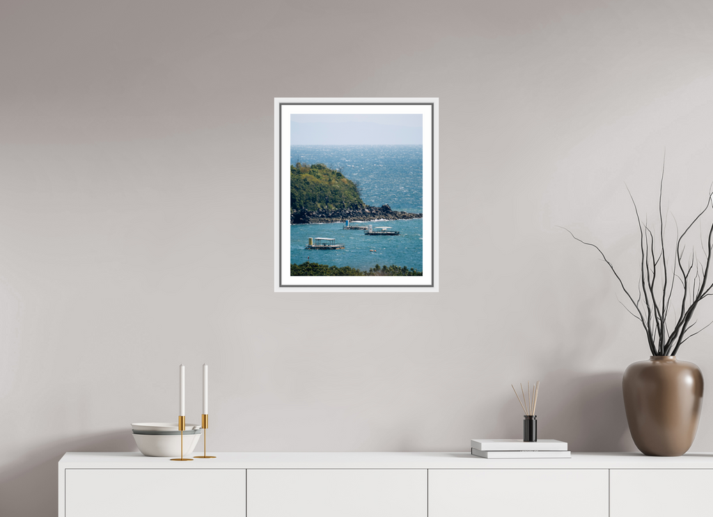 40 x 49,2 cm, Framed white with border Boats off of Sakurajima Island