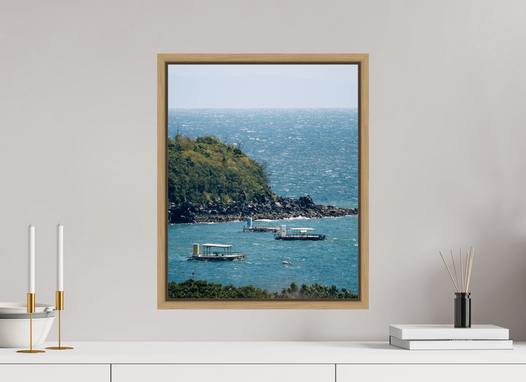 40 x 49,2 cm, Framed natural oak fullbleed Boats off of Sakurajima Island