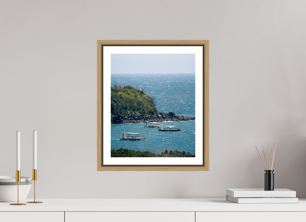 30 x 36,9 cm, Framed natural oak with border Boats off of Sakurajima Island