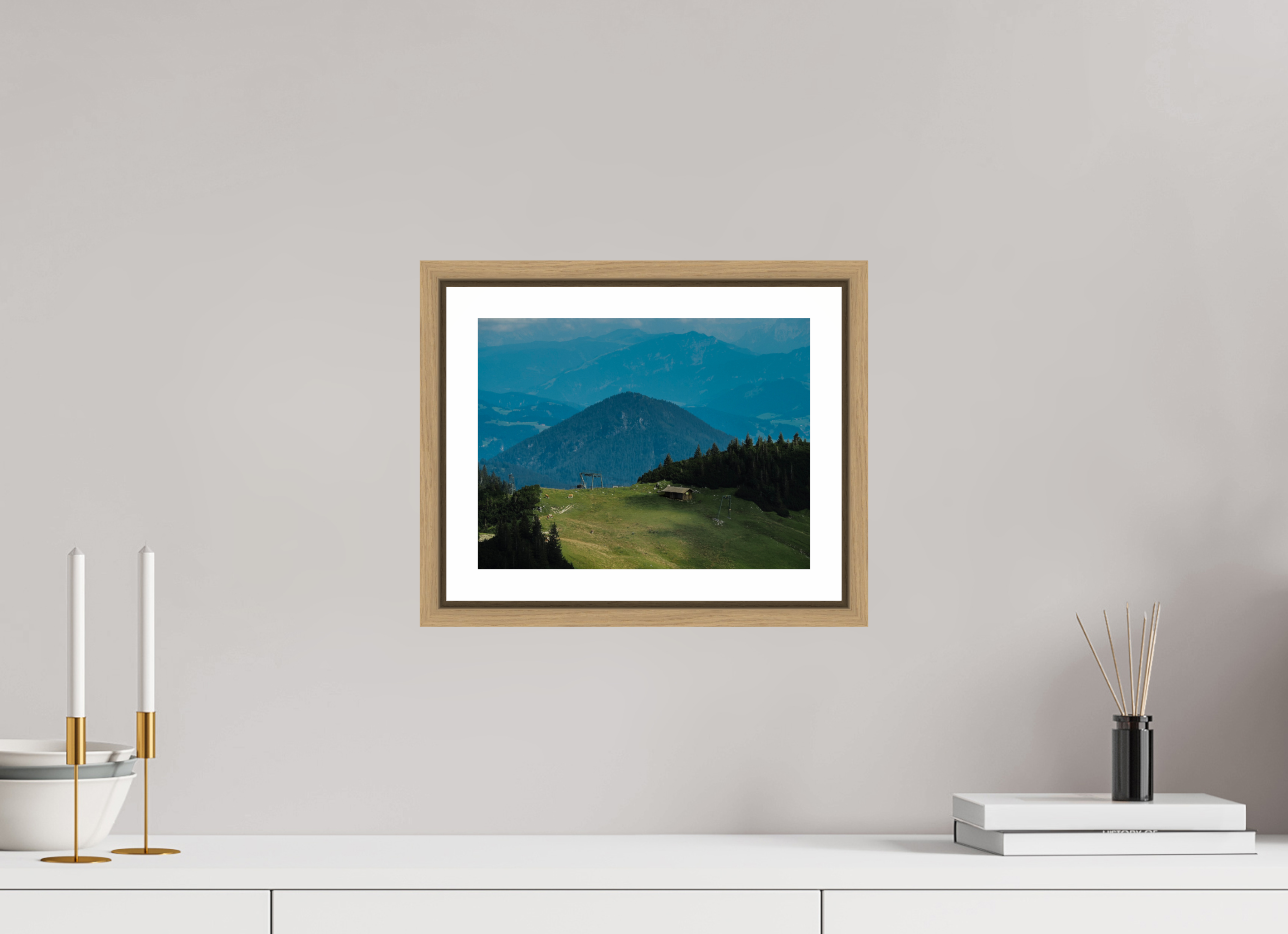 28 x 21 cm, Framed natural oak with border A hut on Wendelstein