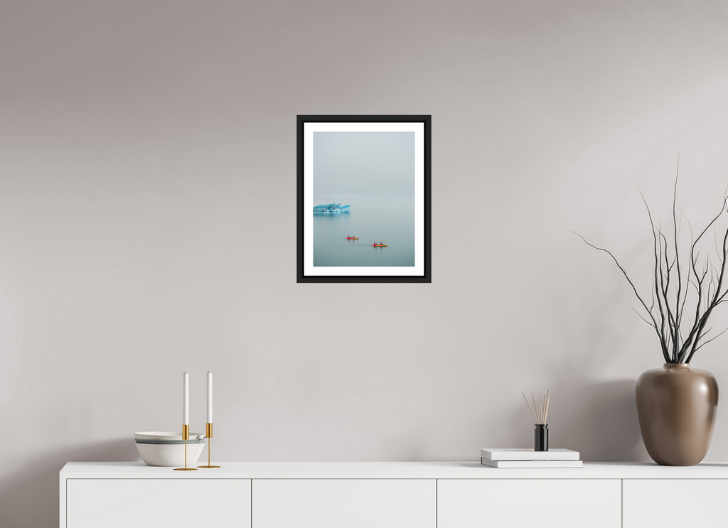 30 x 40 cm, Framed black matte with border Two canoes