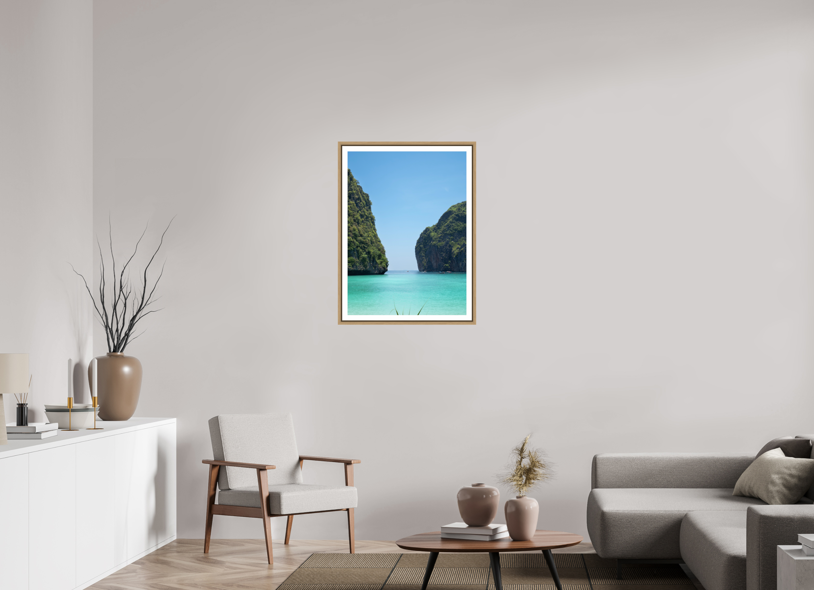 60 x 82,9 cm, Framed natural oak with border Maya Bay
