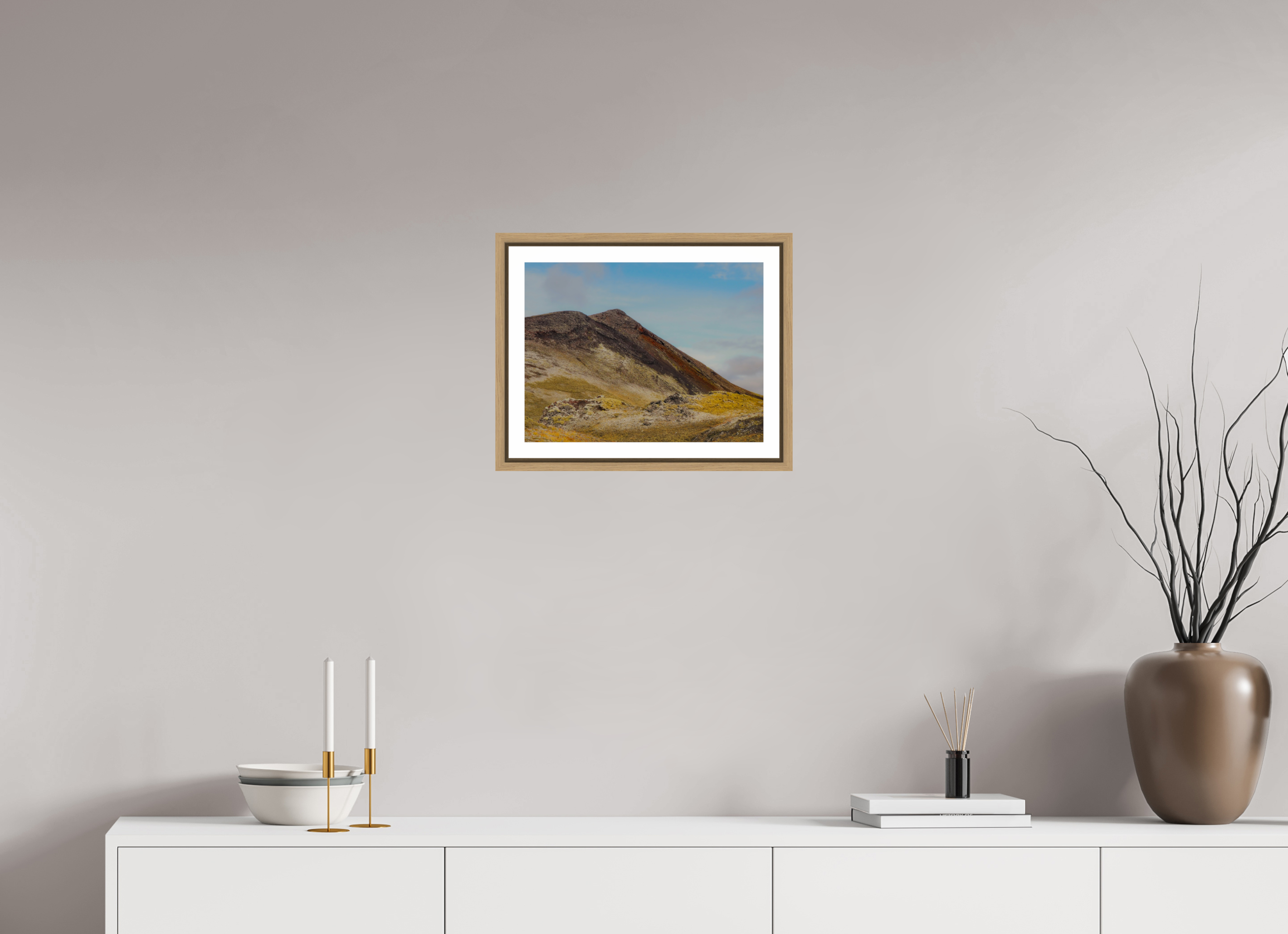 40 x 30 cm, Framed natural oak with border Mountainous Iceland