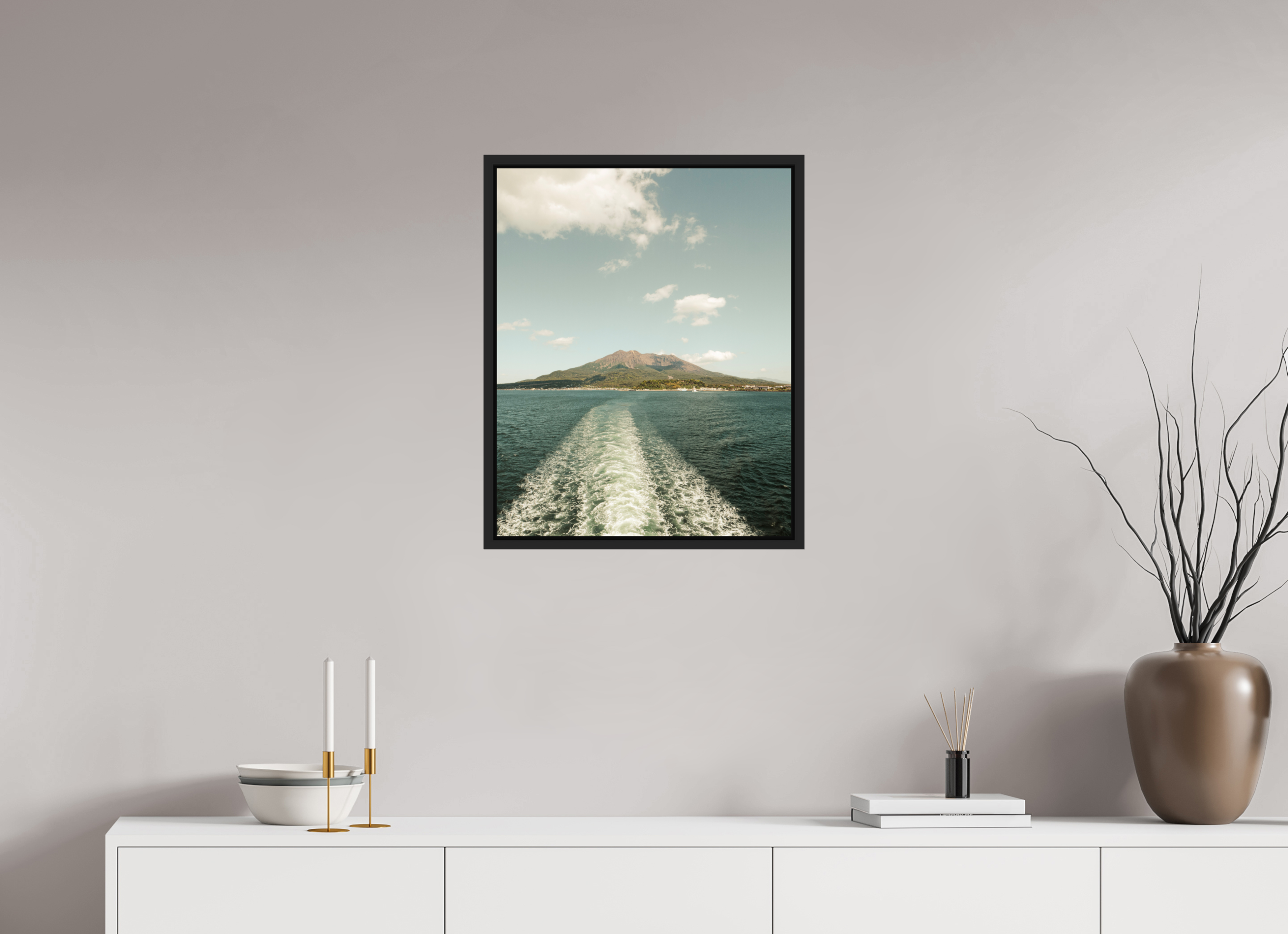 50 x 62,5 cm, Framed black matte fullbleed A ferry view of Sakurajima Island