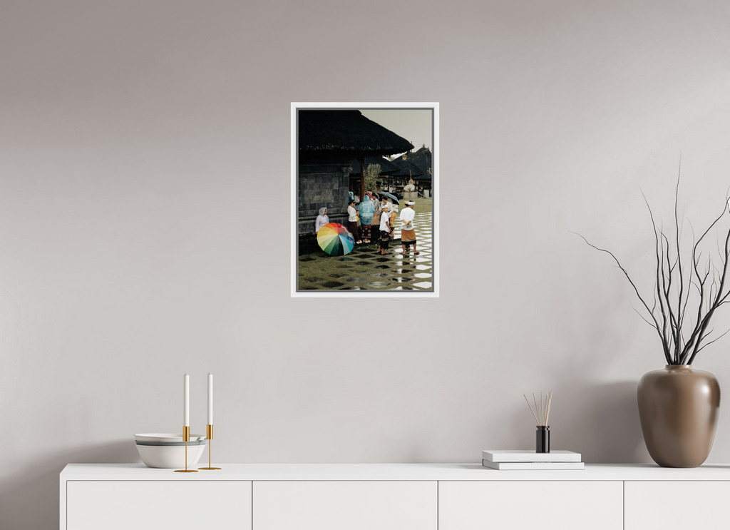 40 x 53,9 cm, Framed white fullbleed Waiting out the rain at ceremony