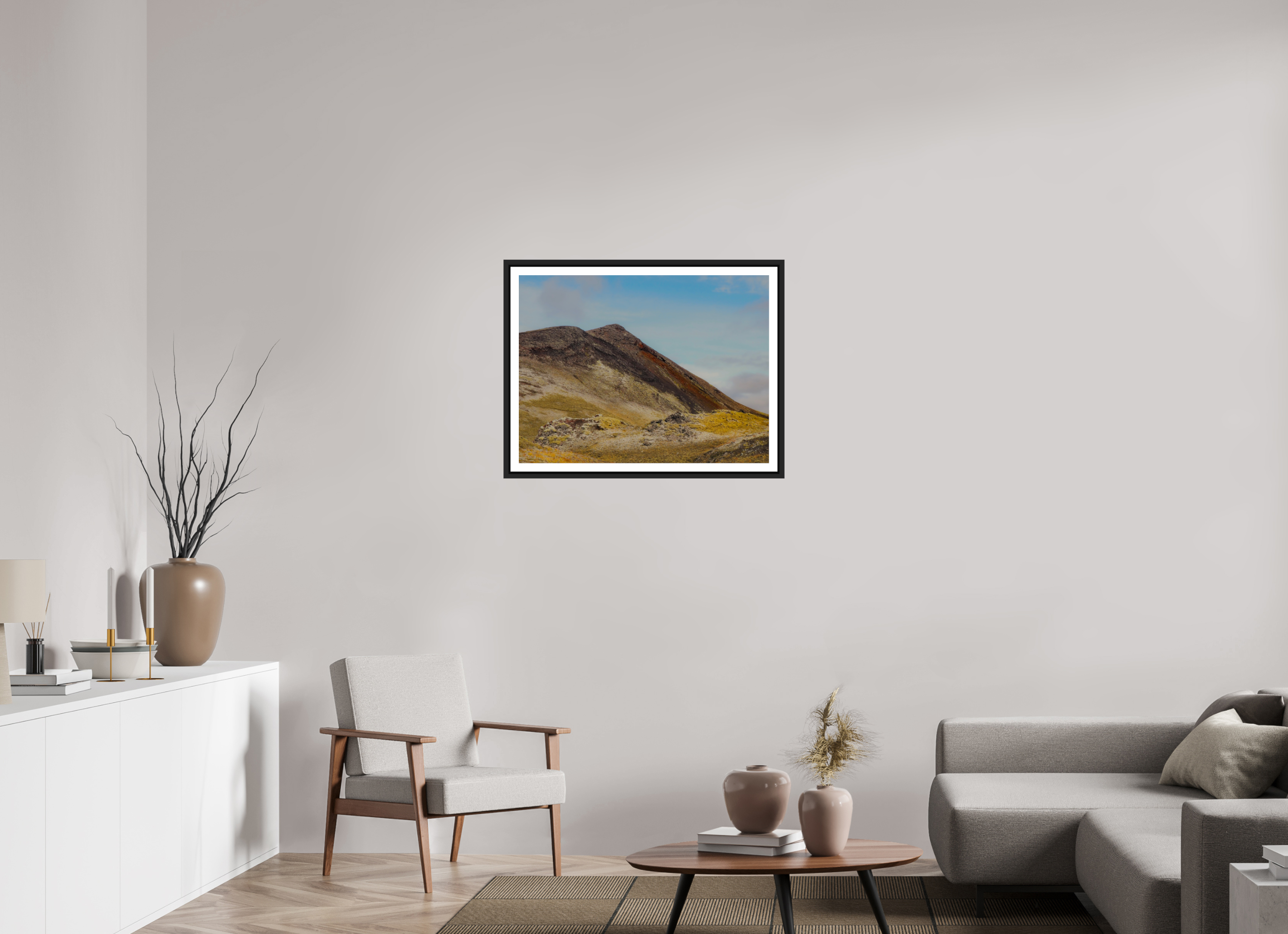 80 x 60 cm, Framed black matte with border Mountainous Iceland