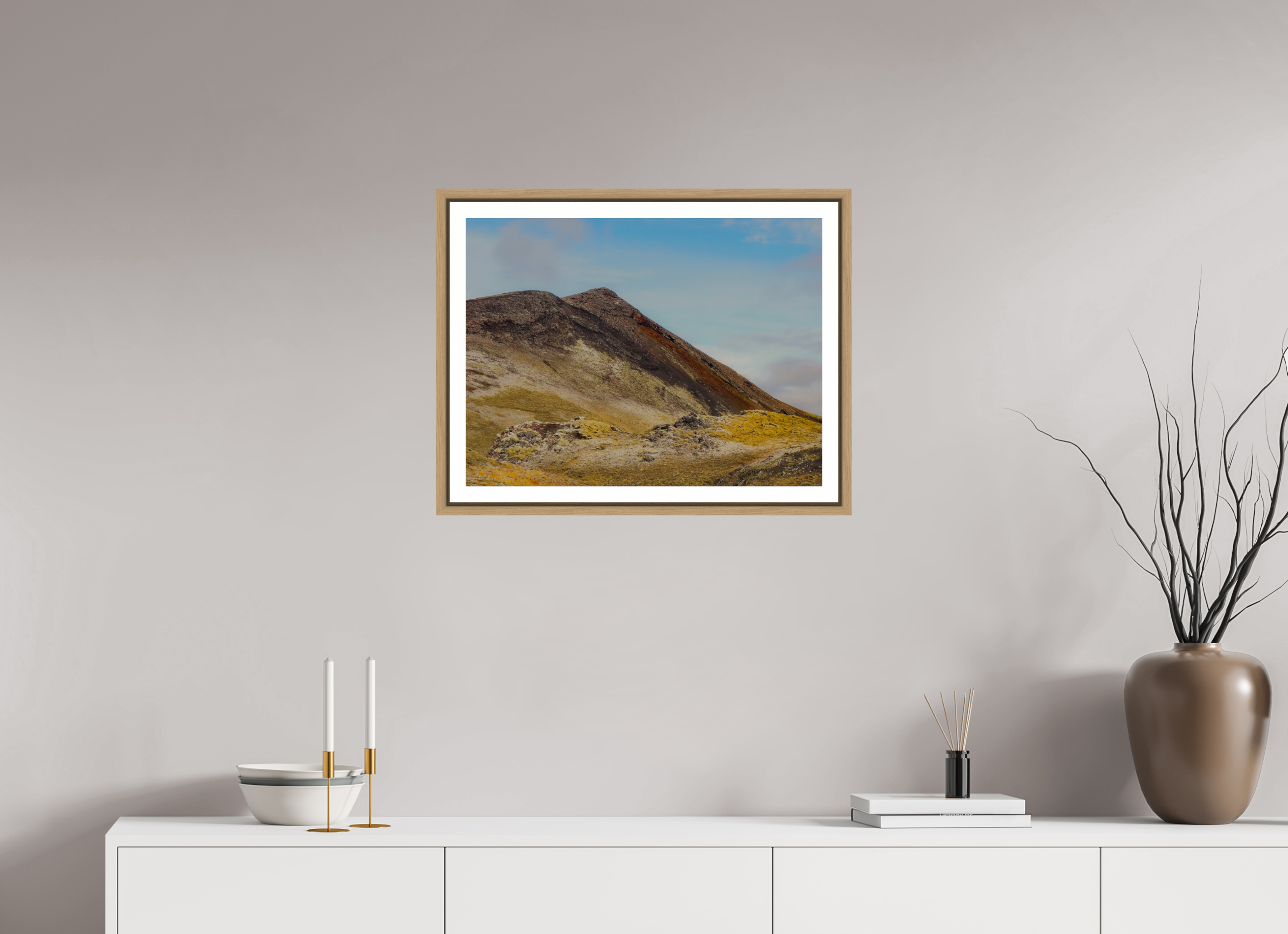 60 x 45 cm, Framed natural oak with border Mountainous Iceland