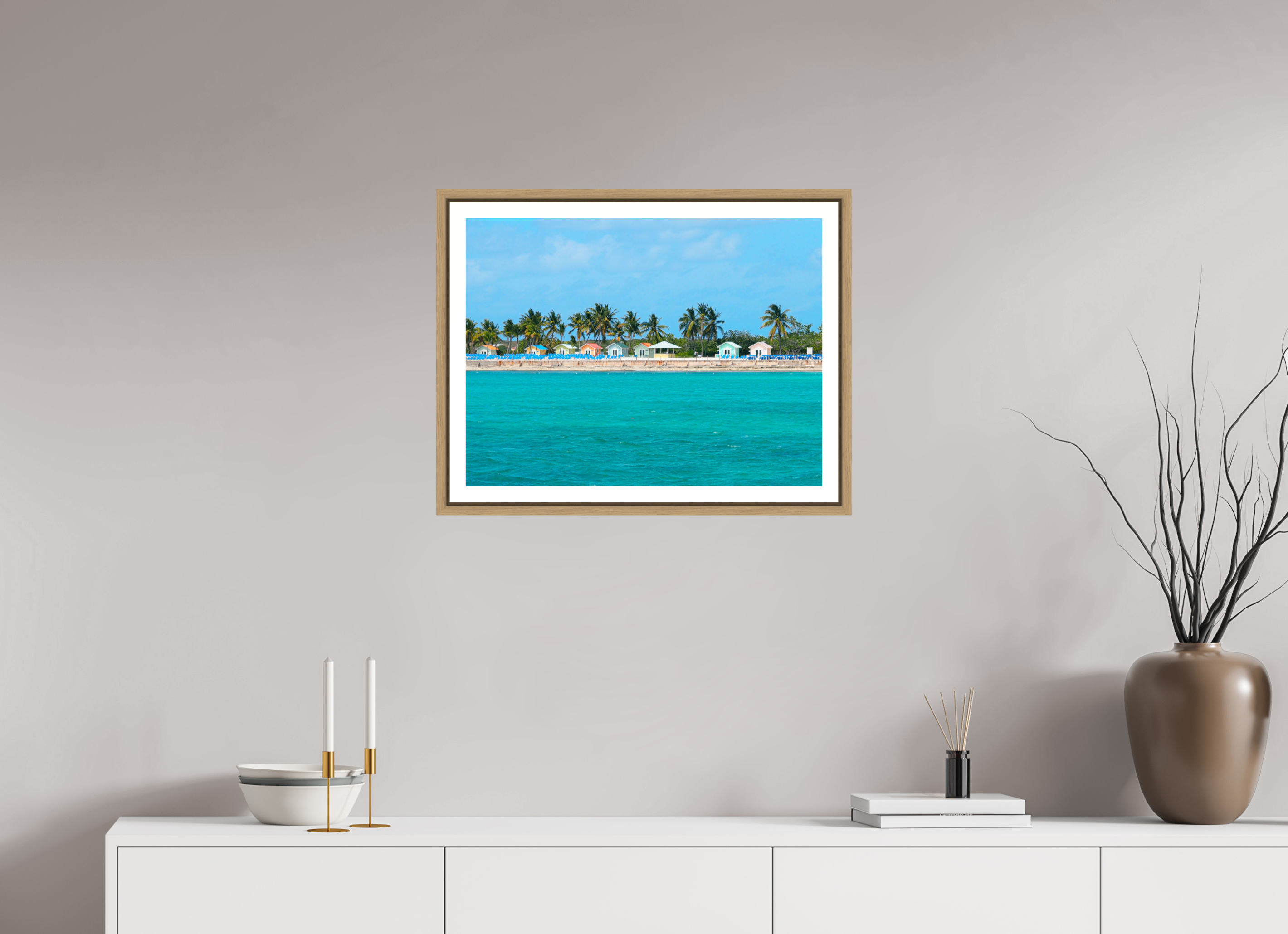 60 x 45 cm, Framed natural oak with border Houses at The Bahamas