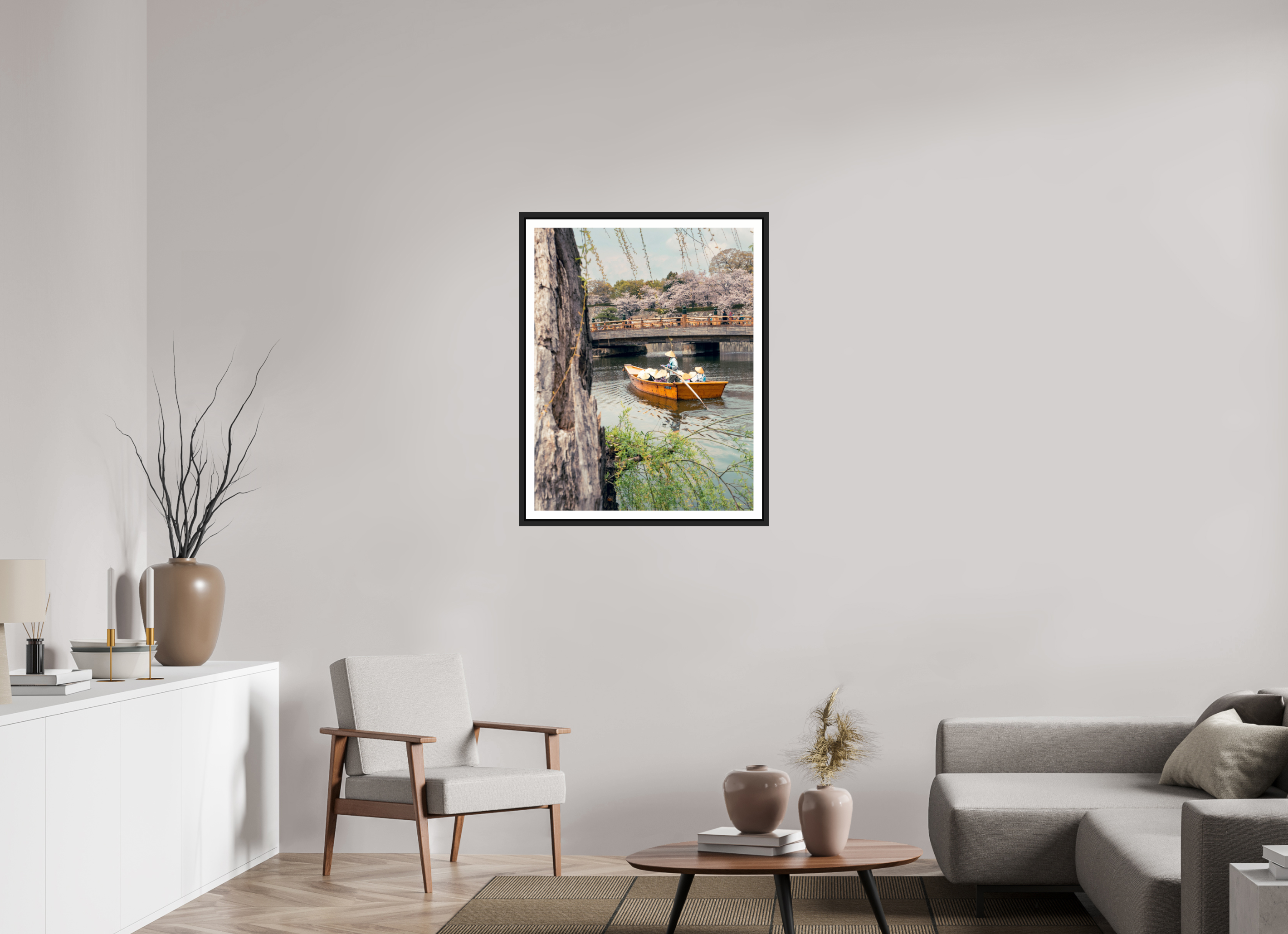 70 x 90,6 cm, Framed black matte with border A boat in Himeji