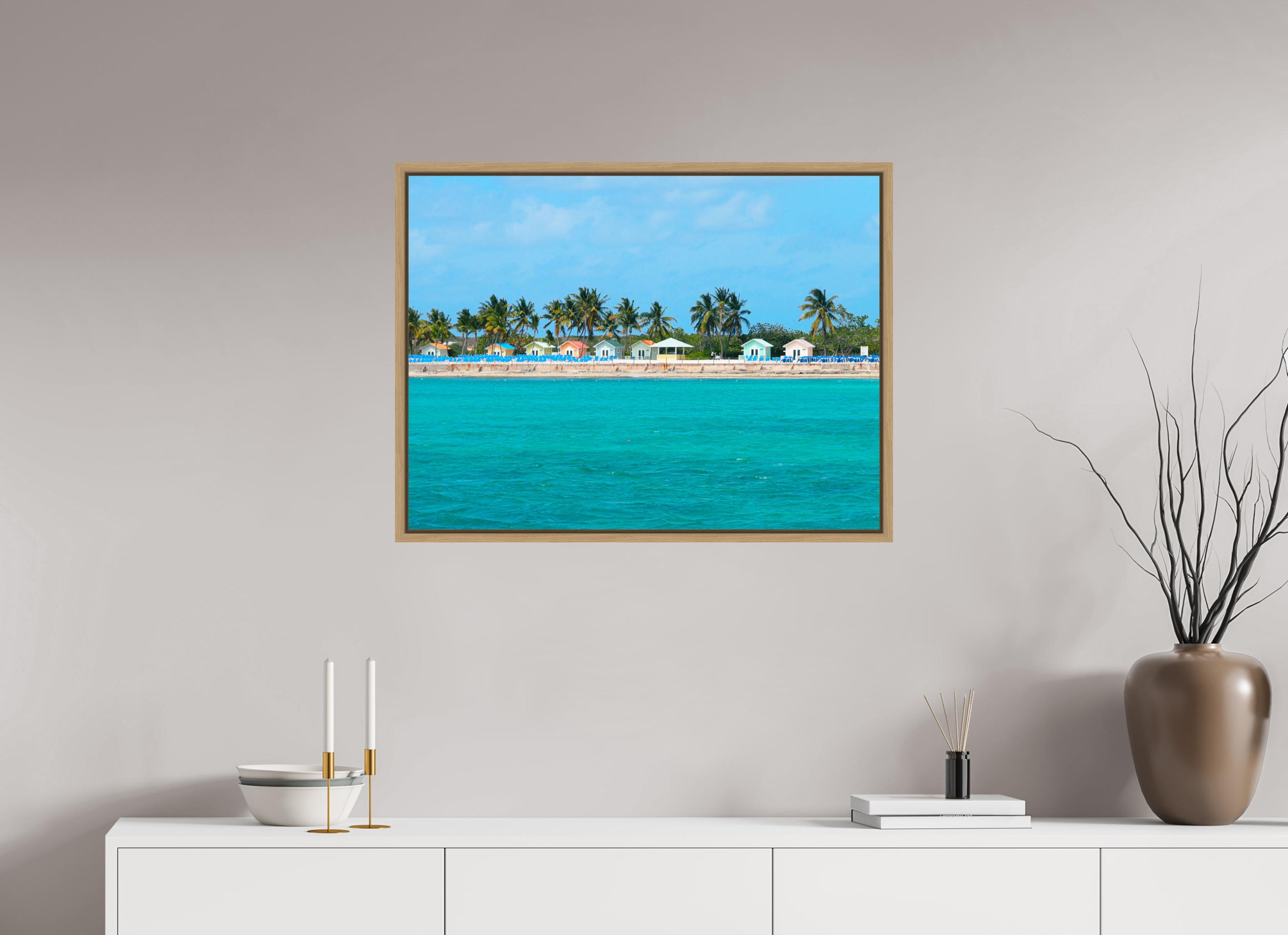 80 x 60 cm, Framed natural oak fullbleed Houses at The Bahamas