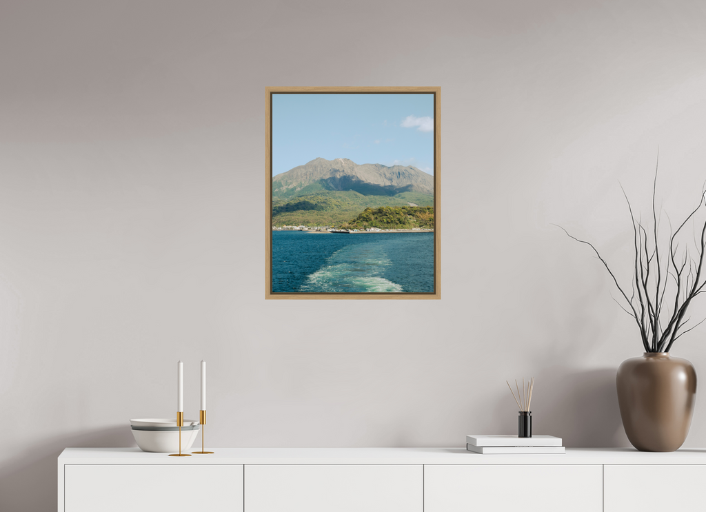 50 x 61,5 cm, Framed natural oak fullbleed Sakurajima Island from a ferry