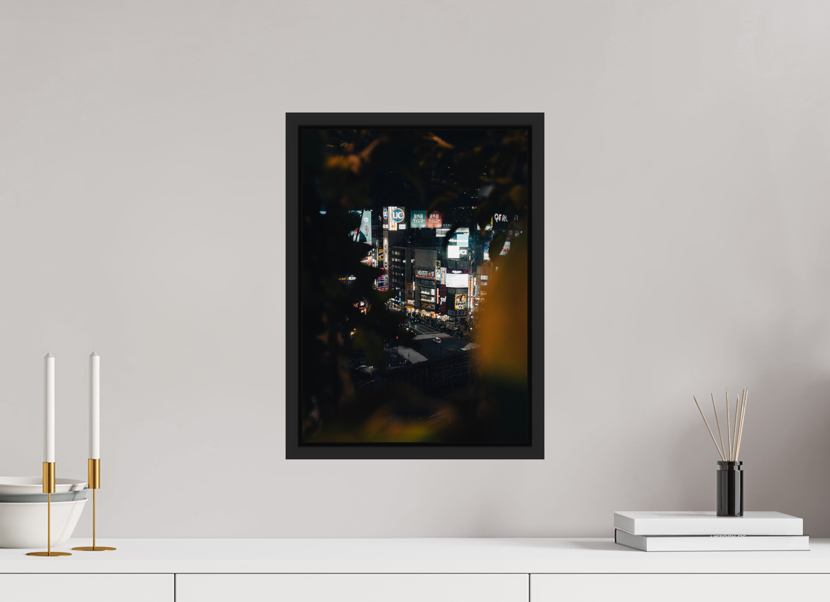 30 x 41,7 cm, Framed black matte fullbleed Shibuya through the palms