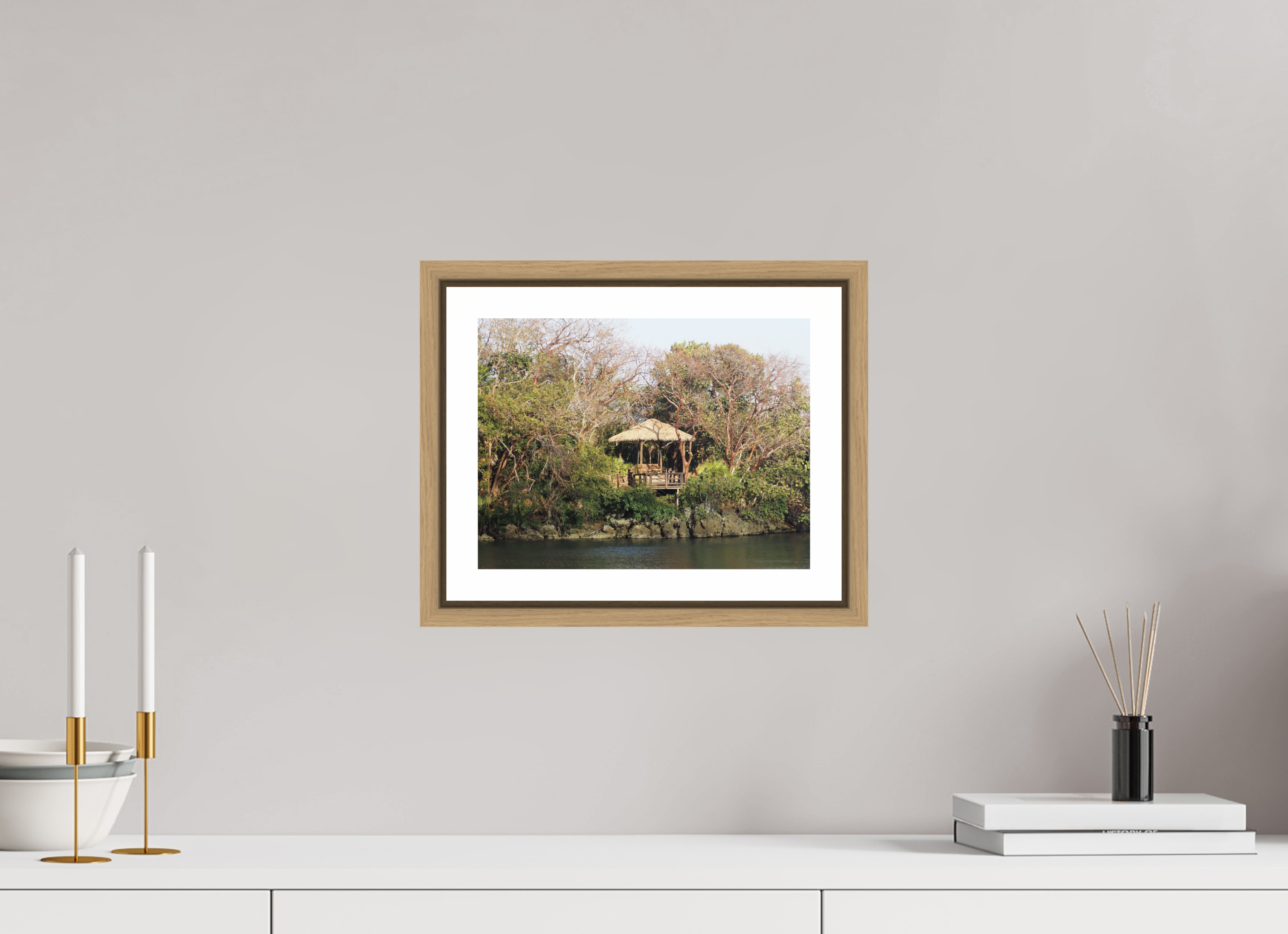 28 x 21 cm, Framed natural oak with border A hut at Honduras Bay