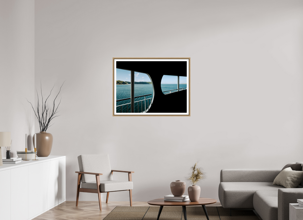 96 x 70 cm, Framed natural oak with border A glance through a ferry