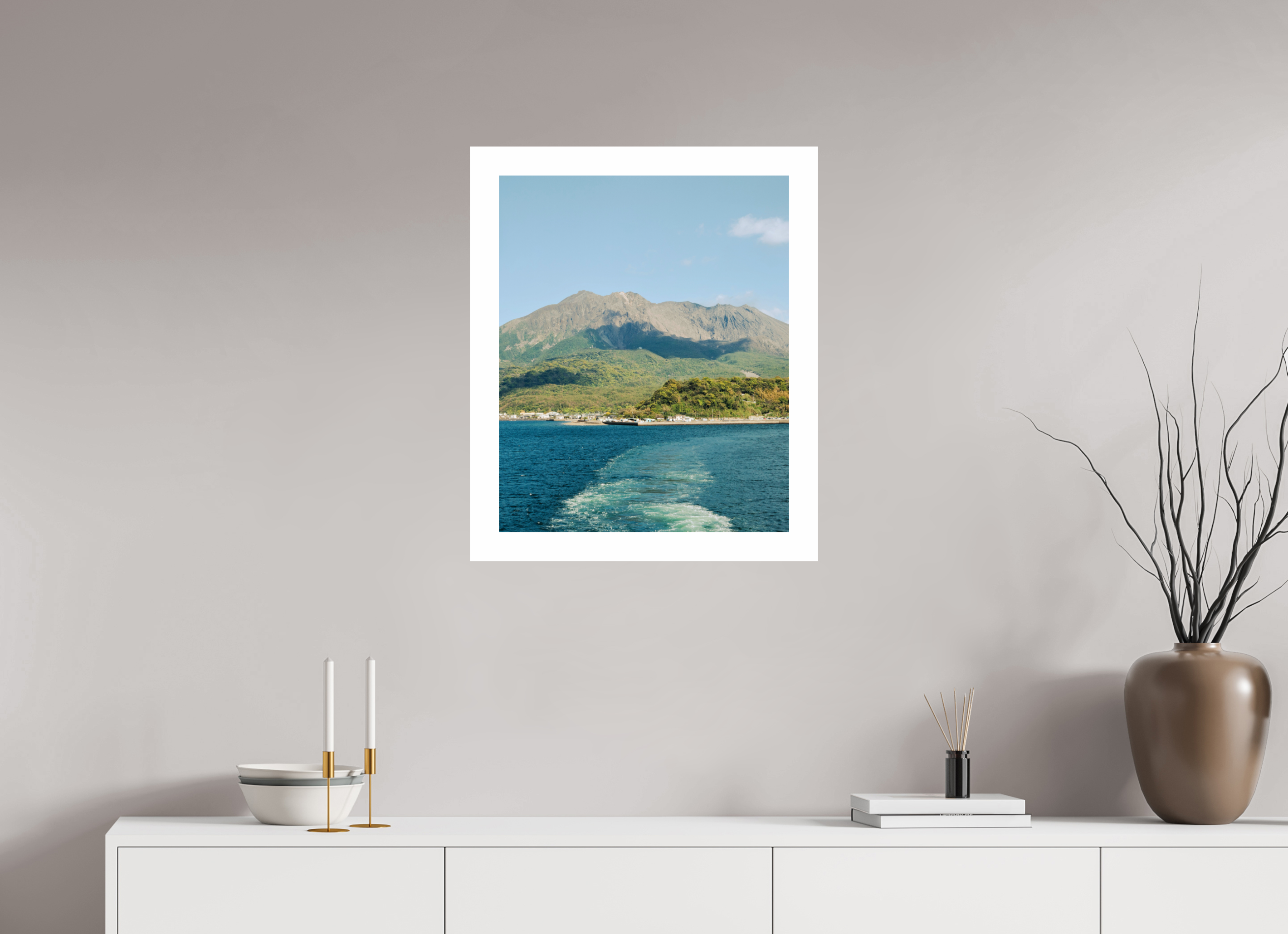 50 x 61,5 cm, Unframed Fuji Crystal DP II 5cm white border Sakurajima Island from a ferry