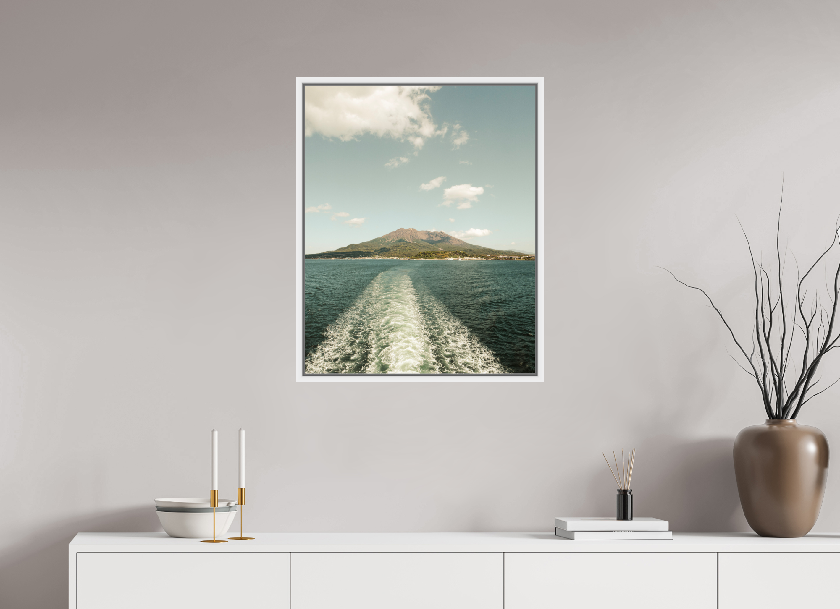 60 x 75 cm, Framed white fullbleed A ferry view of Sakurajima Island
