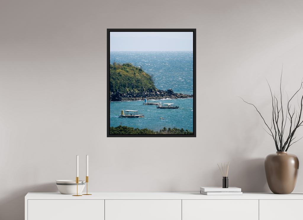60 x 73,8 cm, Framed black matte fullbleed Boats off of Sakurajima Island