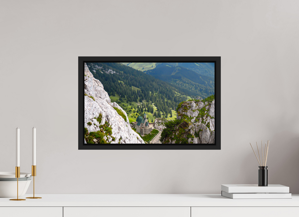 48,2 x 30 cm, Framed black matte fullbleed A church at the Bavarian Alps
