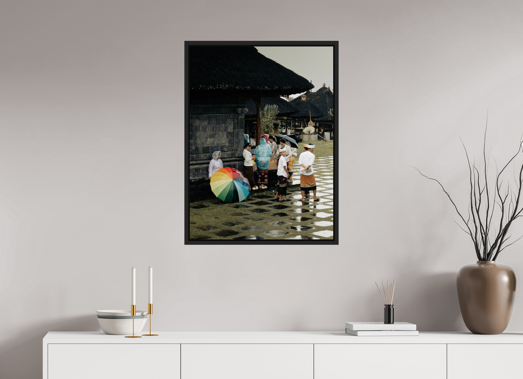 60 x 80,8 cm, Framed black matte fullbleed Waiting out the rain at ceremony