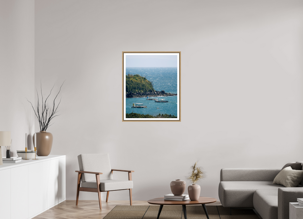 70 x 86,1 cm, Framed natural oak with border Boats off of Sakurajima Island